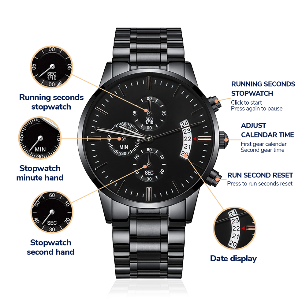Personalised Engraved Black Chronograph Watch - Custom Gift for Him