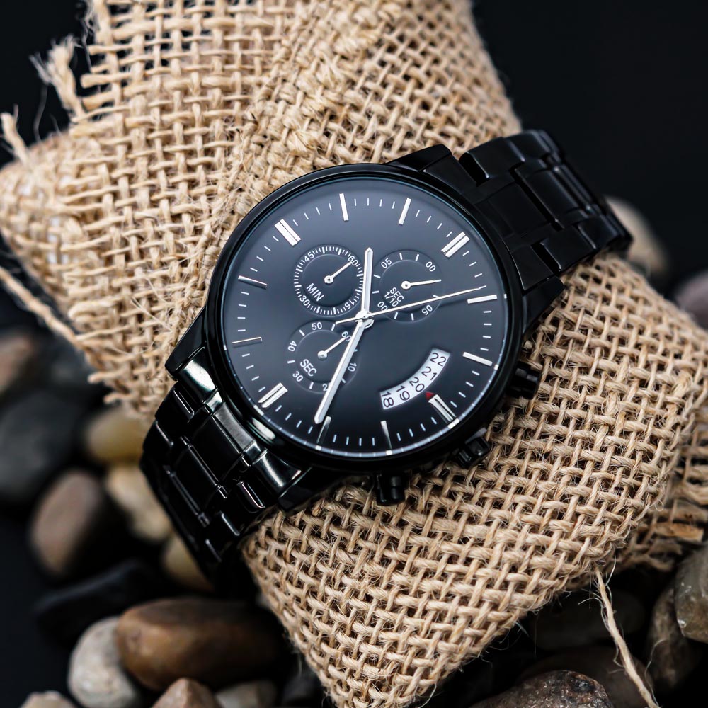 Personalised Engraved Black Chronograph Watch - Custom Gift for Him
