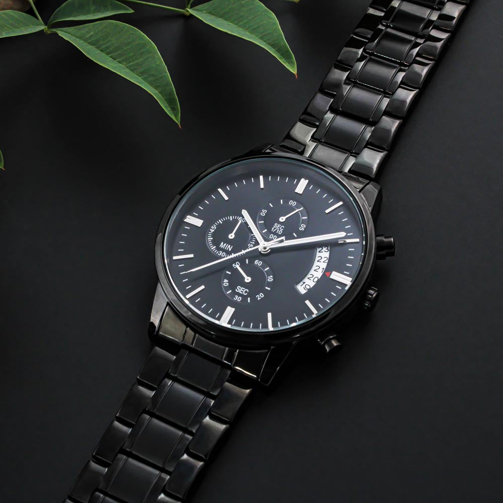 Personalised Engraved Black Chronograph Watch - Custom Gift for Him