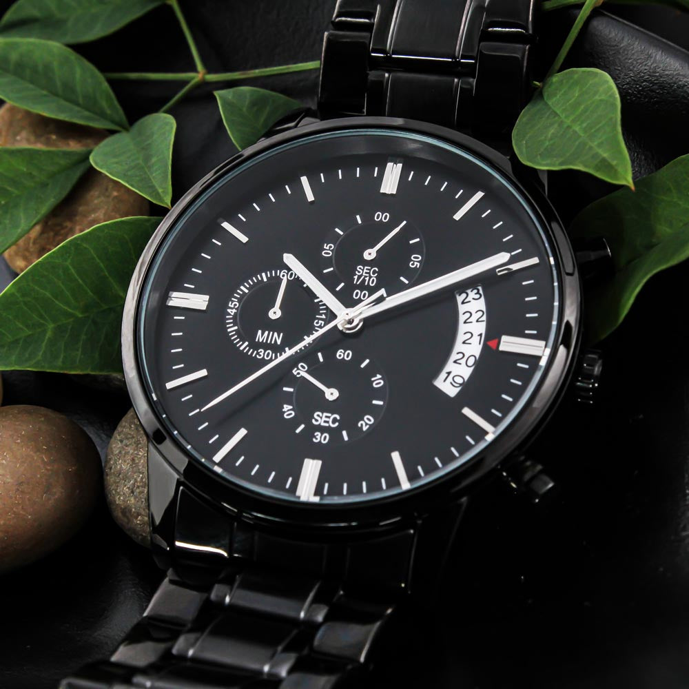 Personalised Engraved Black Chronograph Watch - Custom Gift for Him