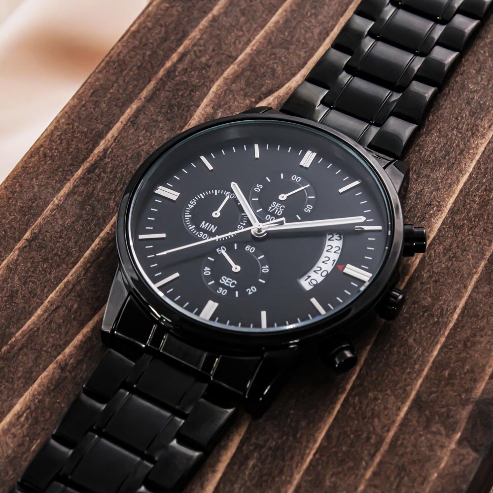 Personalised Engraved Black Chronograph Watch - Custom Gift for Him