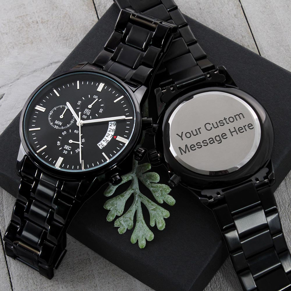 Personalised Engraved Black Chronograph Watch - Custom Gift for Him