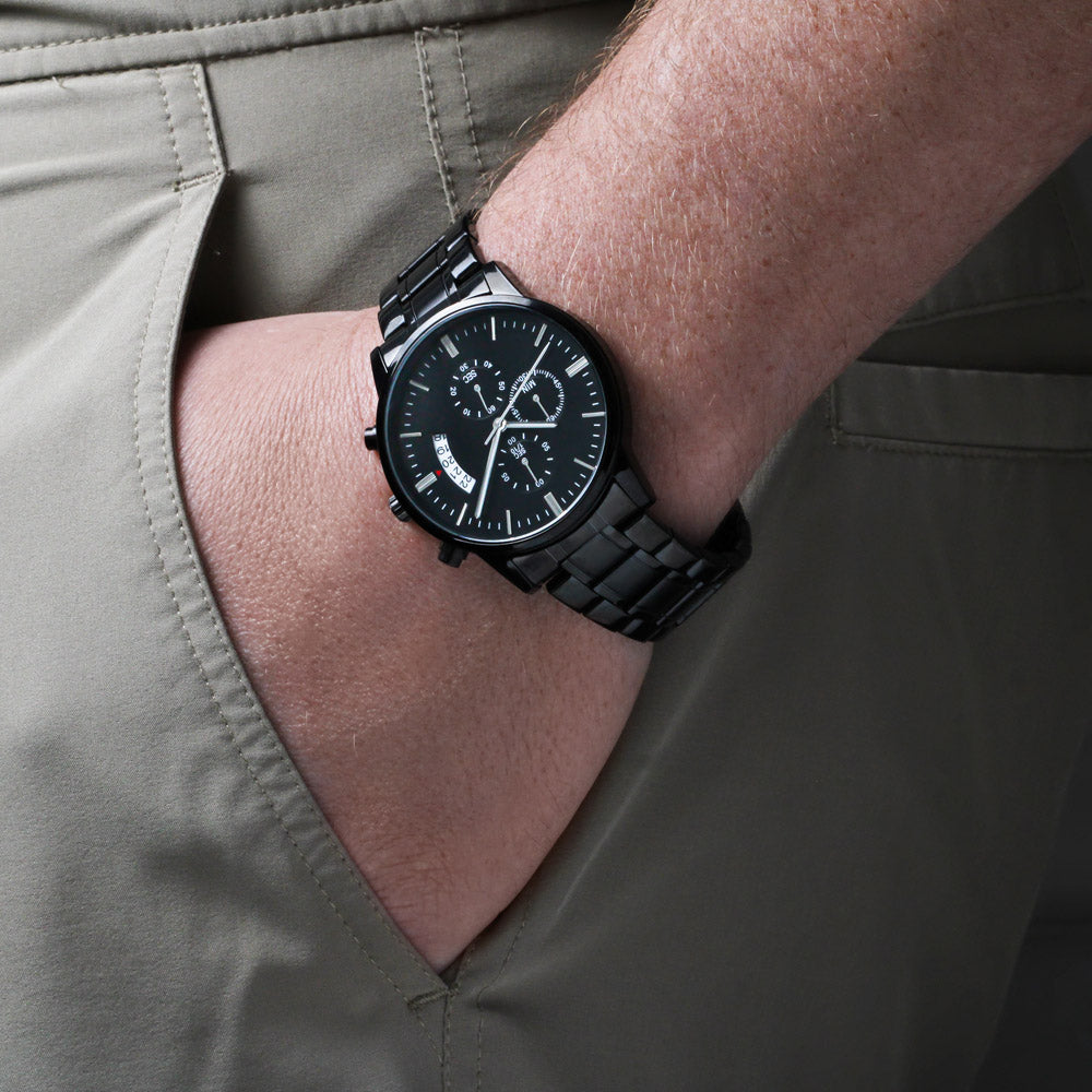 Personalised Engraved Black Chronograph Watch - Custom Gift for Him