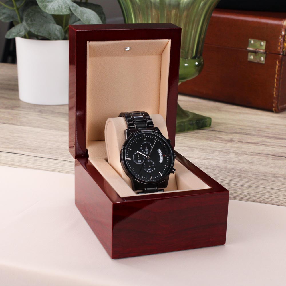 Personalised Engraved Black Chronograph Watch - Custom Gift for Him