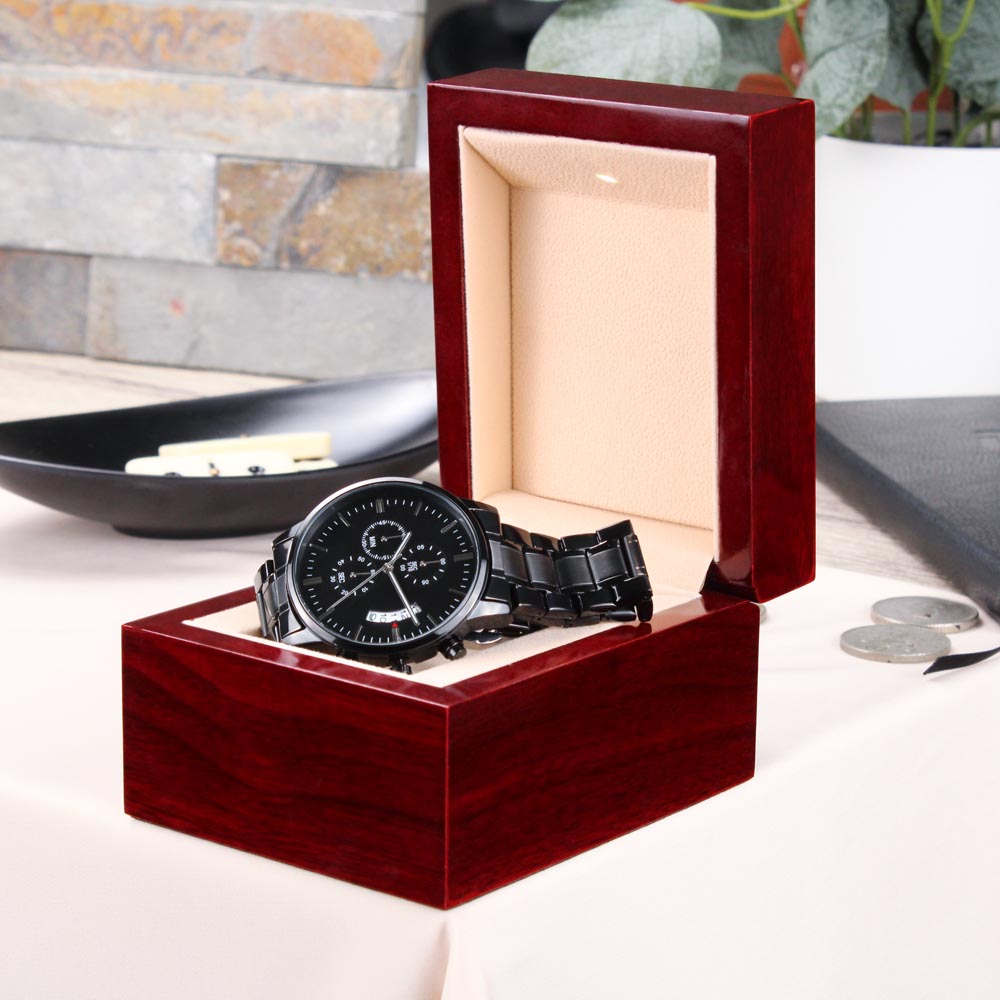 Personalised Engraved Black Chronograph Watch - Custom Gift for Him